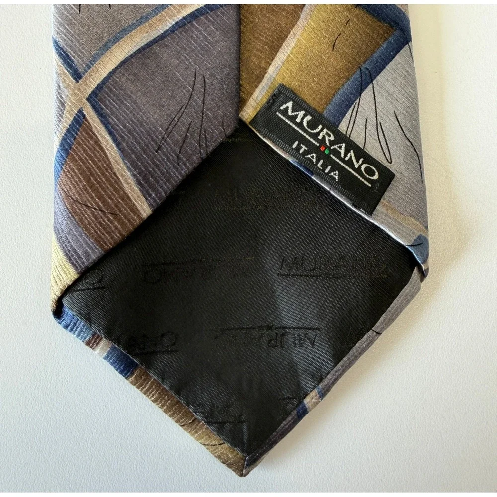 Murano Italia Mens Silk Necktie Geometric Abstract Gold Blue Grey Brown 4‎ Inch